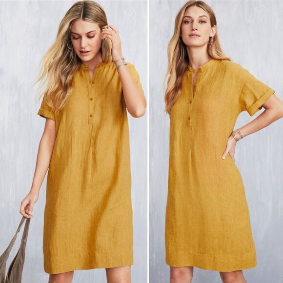 Eileen Fisher Washed Organic Linen Delave Dress L Lagenlook Boho Beachy Coastal - Picture 1 of 9